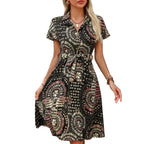 Gufrina WomenS Rayon Midi Dress With Half Sleeves Geometric Printed Spread Collar Neck Knee Length Regular Fit And Flare Black