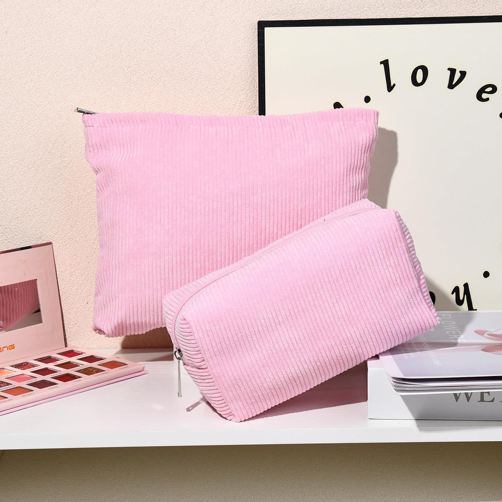 SOIDRAM 2 Pieces Makeup Bag Large Corduroy Cosmetic Bag Capacity Canvas Mix Travel Toiletry Bag Organizer Cute Makeup Brushes Ae