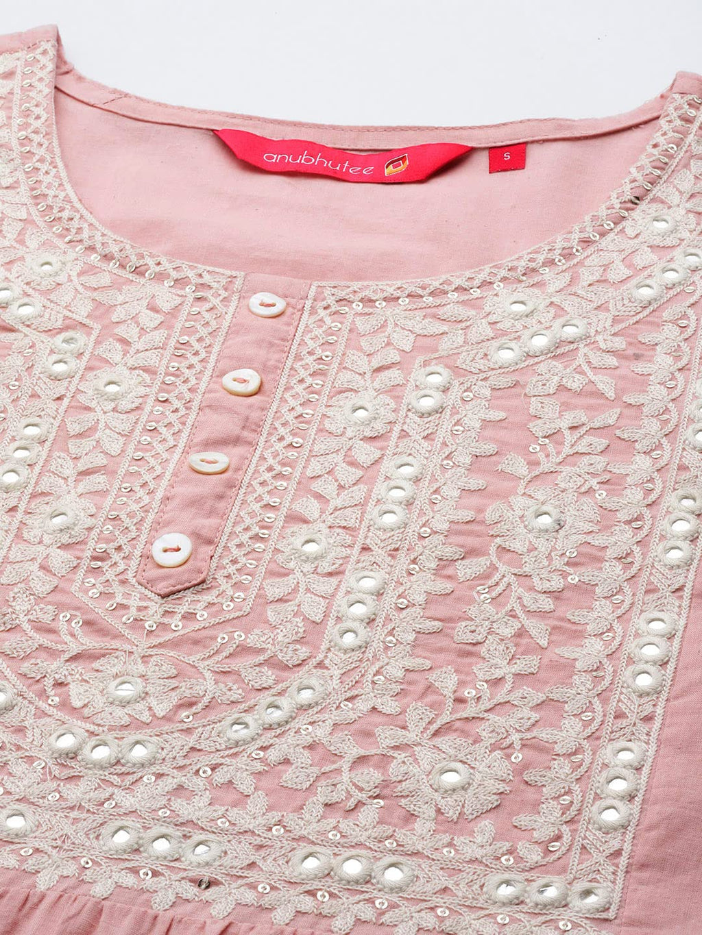 Anubhutee Women'S Pure Cotton Ethnic Motifs Pink Embroidered Straight Kurta
