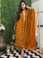 ANNI DESIGNER Womens Rayon Blend Straight Bandhej Printed Kurta with Pant & Dupatta (Turae Mustard_S_Mustard_Small)