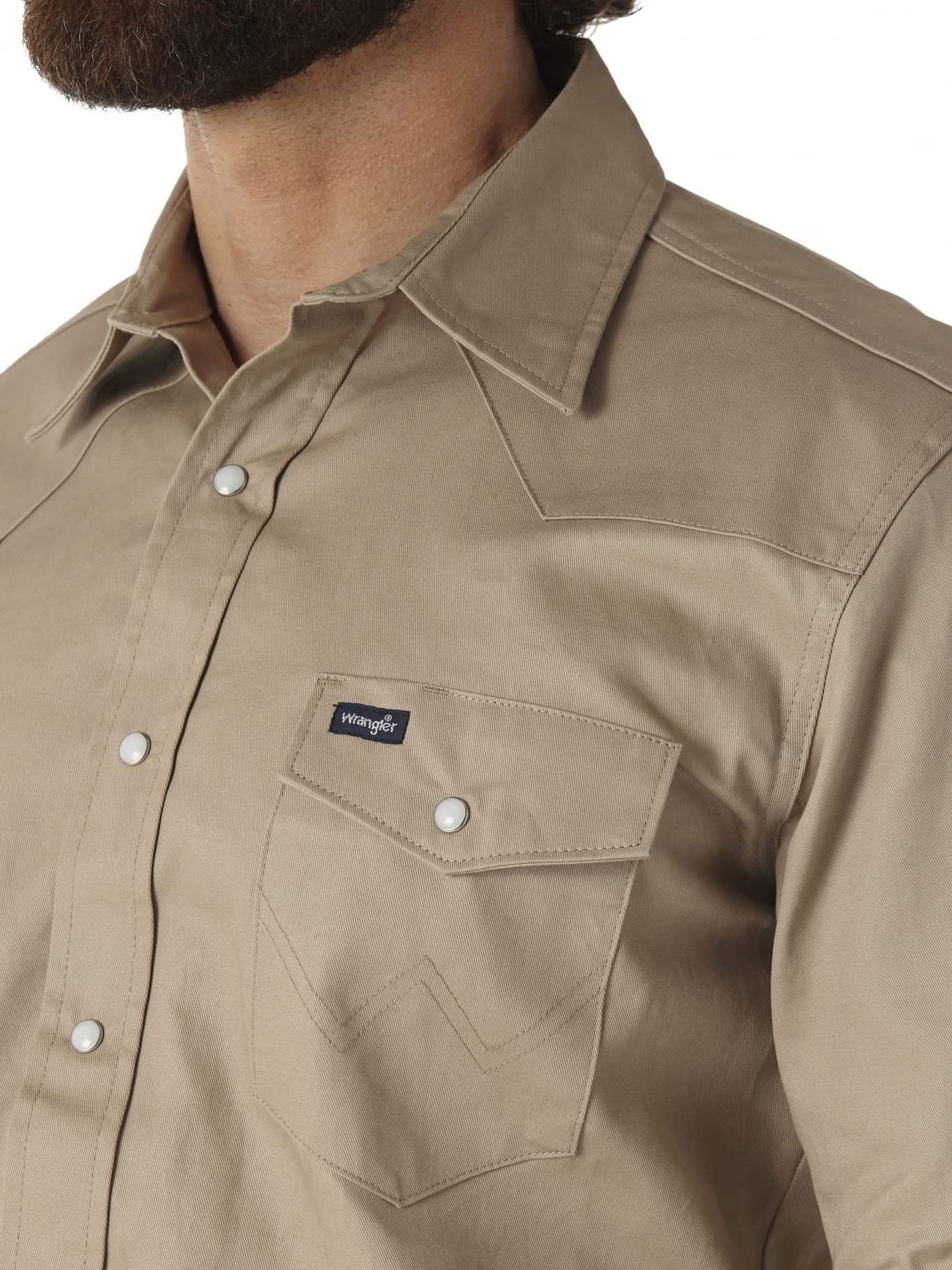 Wrangler Mens Cowboy Cut Western Two Pocket Long Sleeve Snap Work Shirt - Firm Finish - B&T,Khaki,X-Large Tall