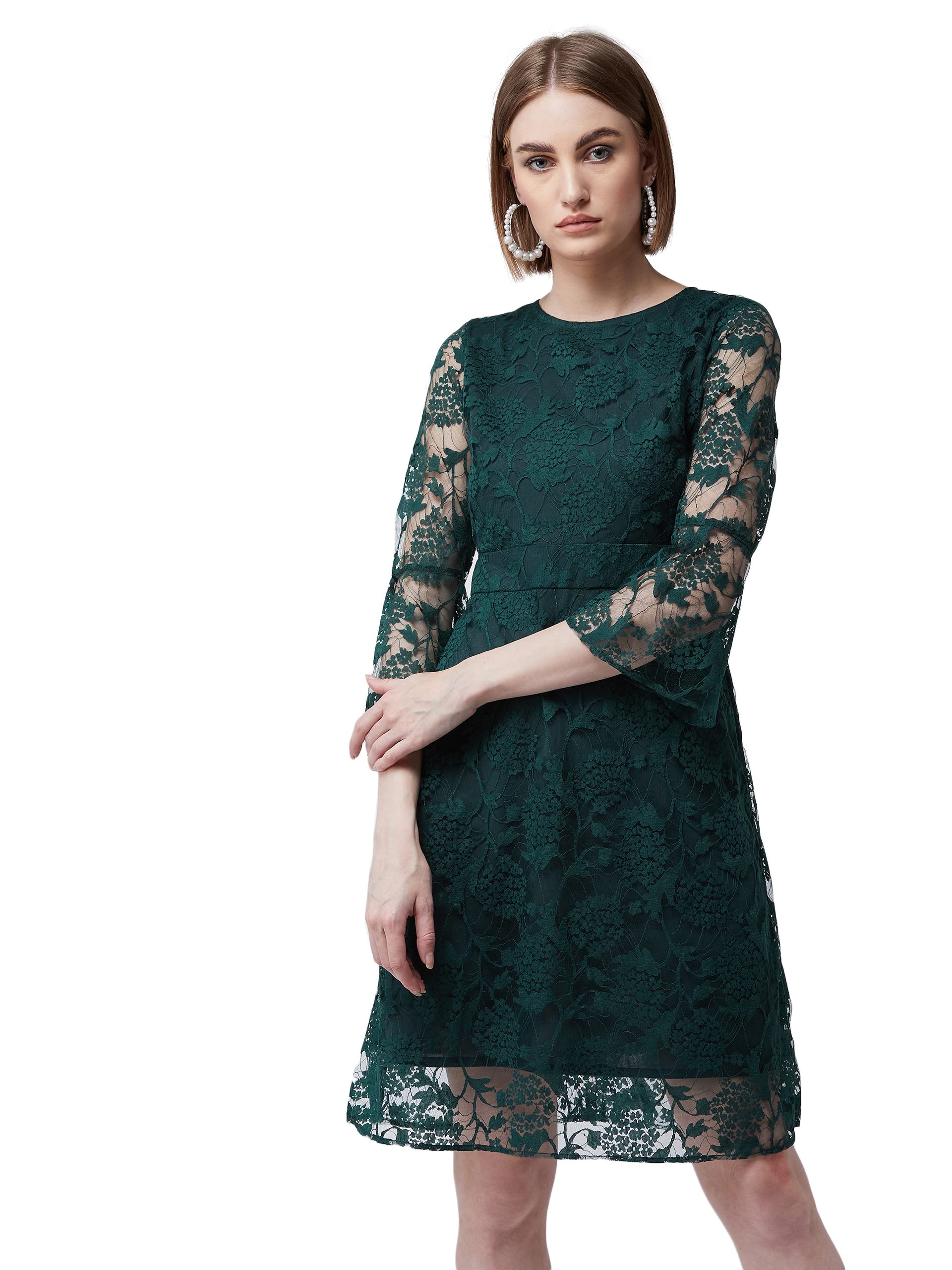 Miss Chase WomenS Forest Green Round Neck 3/4 Sleeves Floral A-Line Knee-Length Dress (Mcaw19D14-27-212-05,Forest Green,L)