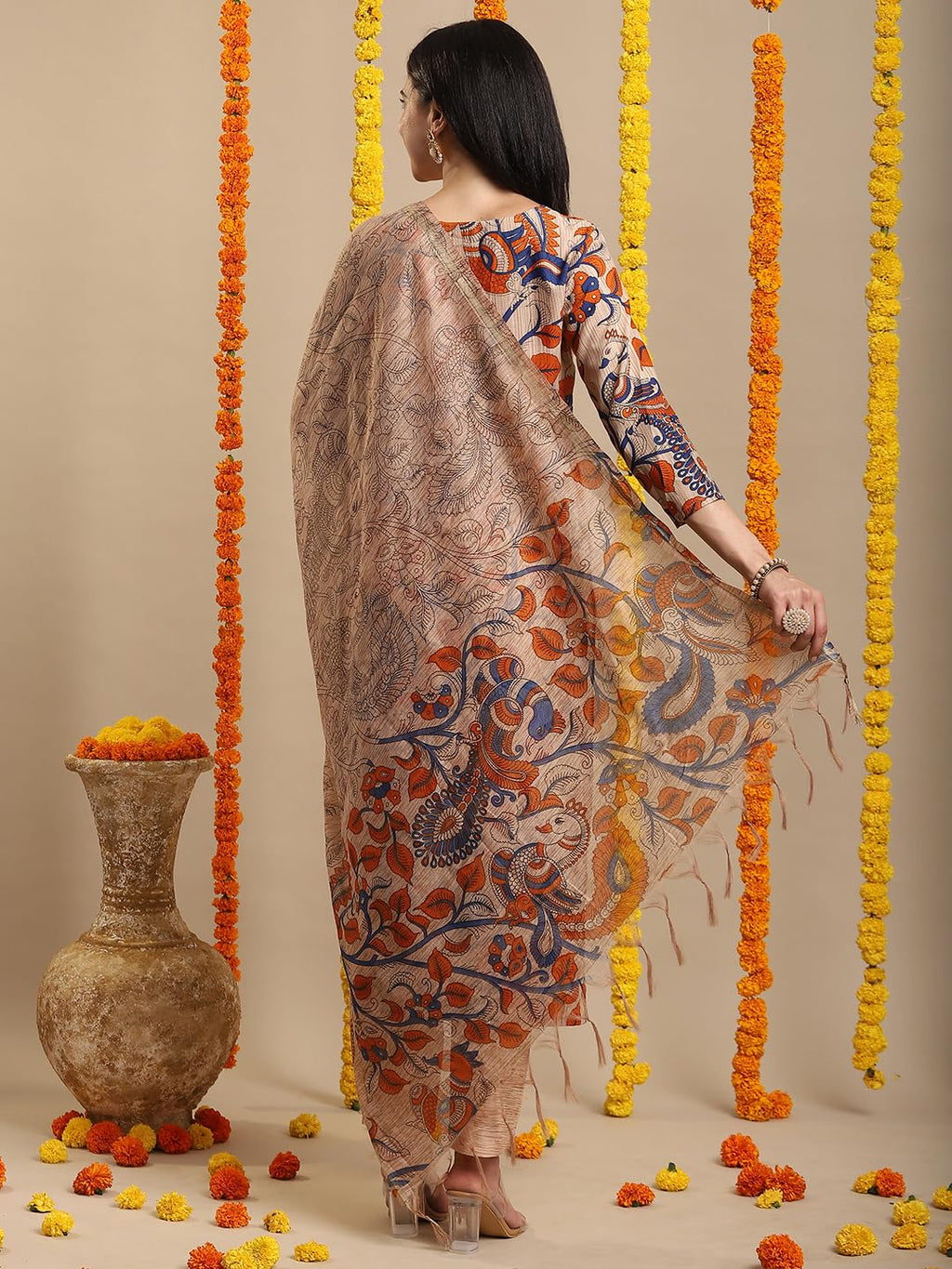 ANNI DESIGNER Ladies Rayon Blend Kurta with Trousers and Dupatta, beige, L