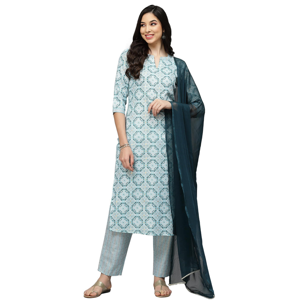 Stylum Women'S Printed Cotton Blend Straight Kurta Pant Dupatta Set (Colinsky42_Blue, Xl)