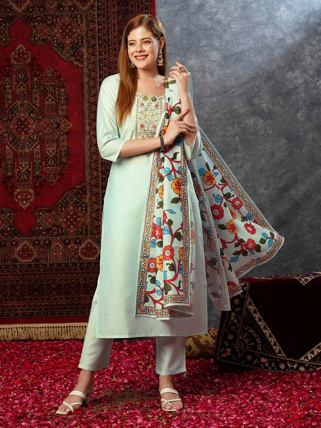 ANNI DESIGNER Ladies Cotton Blend Kurta with Trousers and Dupatta, grey, M