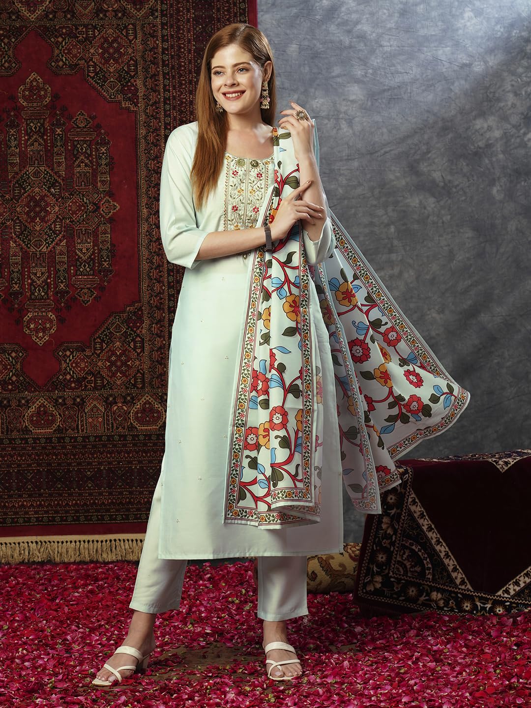 ANNI DESIGNER Ladies Cotton Blend Kurta with Trousers and Dupatta, grey, M