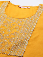 Ishin Women'S Mustard Floral Zari Work Silk Straight Kurta Suit Set With Trousers & Dupatta