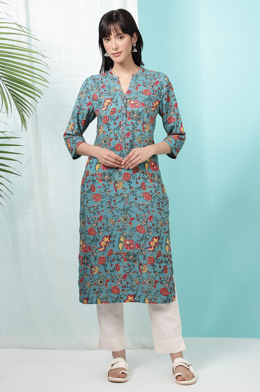 W For Woman Teal Blue Floral Printed Straight Kurta