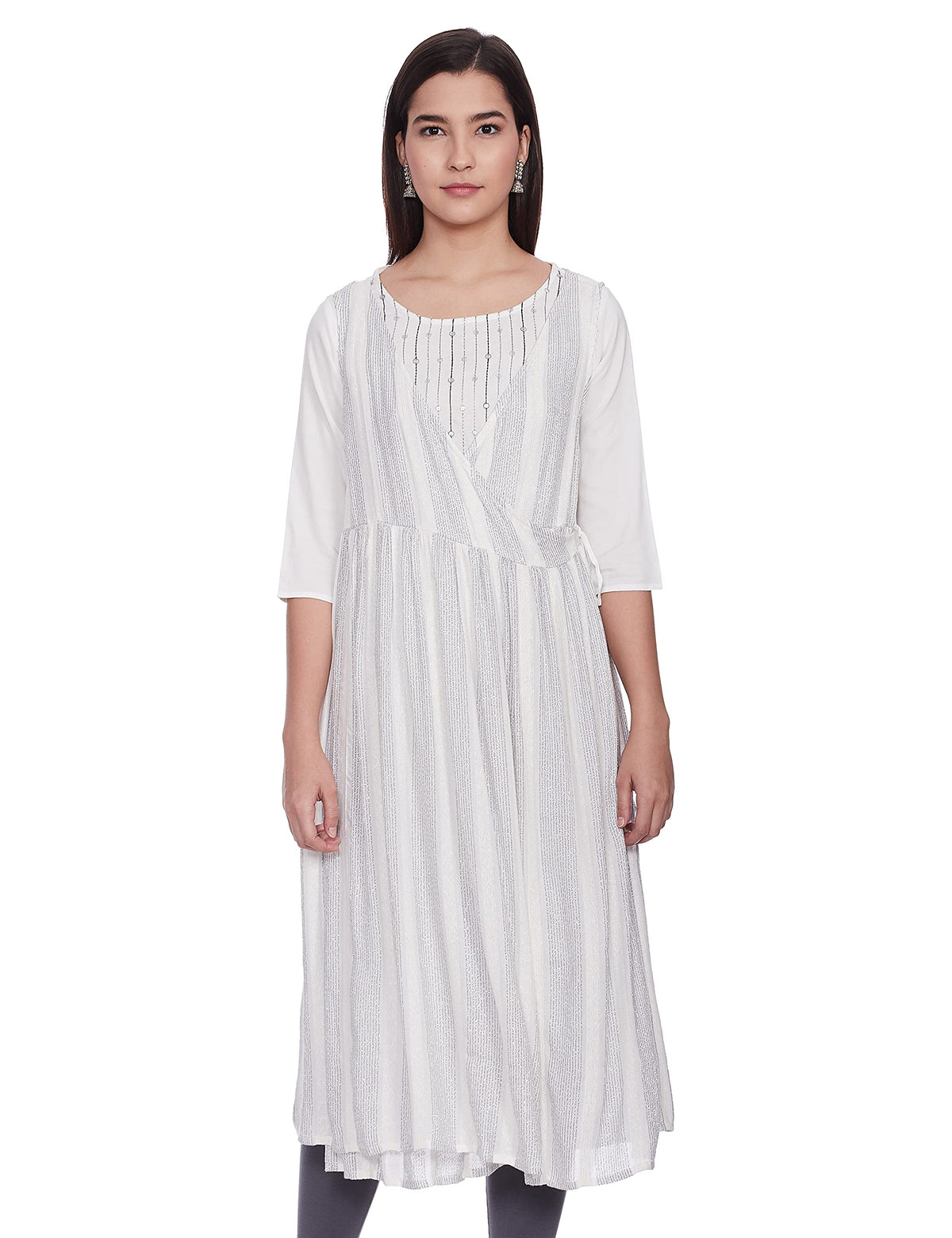 Aurelia Womens Cotton Blend Kurta & Gillet (21FEAS11564-701444_Cream_L)
