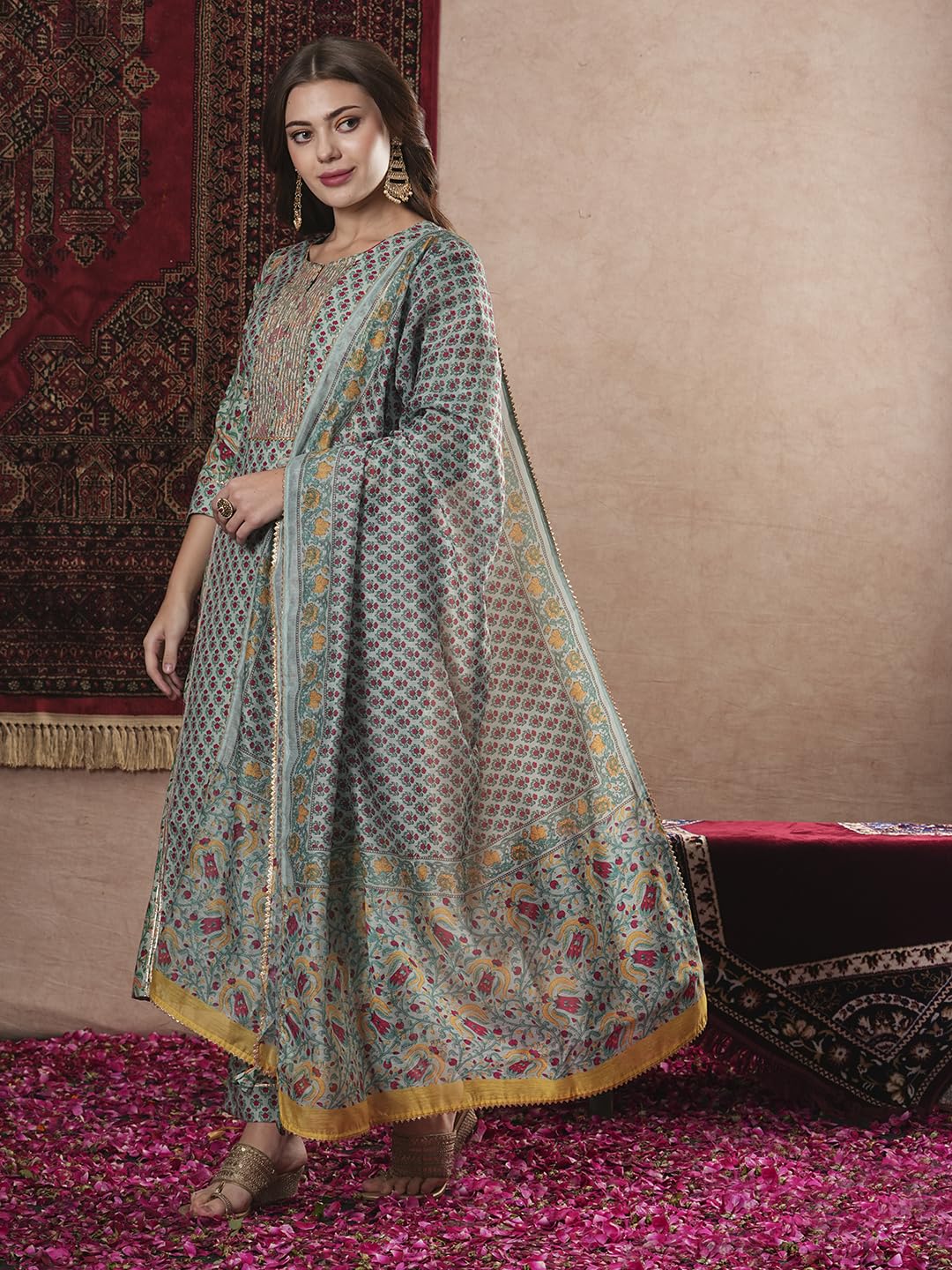 ANNI DESIGNER Womens Cotton Blend Straight Printed Kurta with Pant & Dupatta (SANGHVI Green_S_Green_Small)