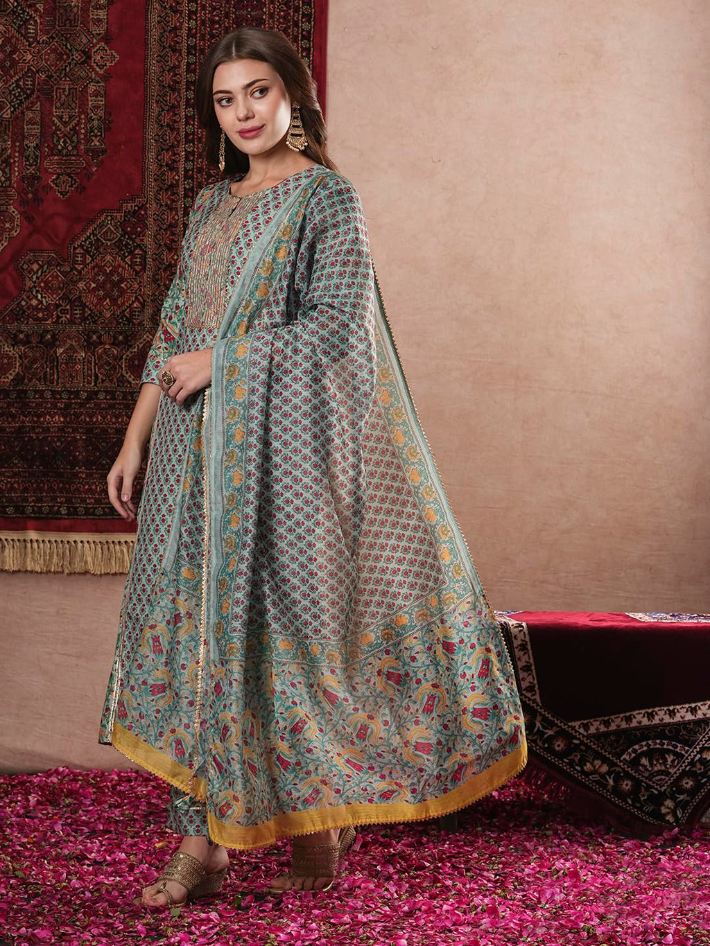 ANNI DESIGNER Womens Cotton Blend Straight Printed Kurta with Pant & Dupatta (SANGHVI Green_XXL_Green_XX-Large)