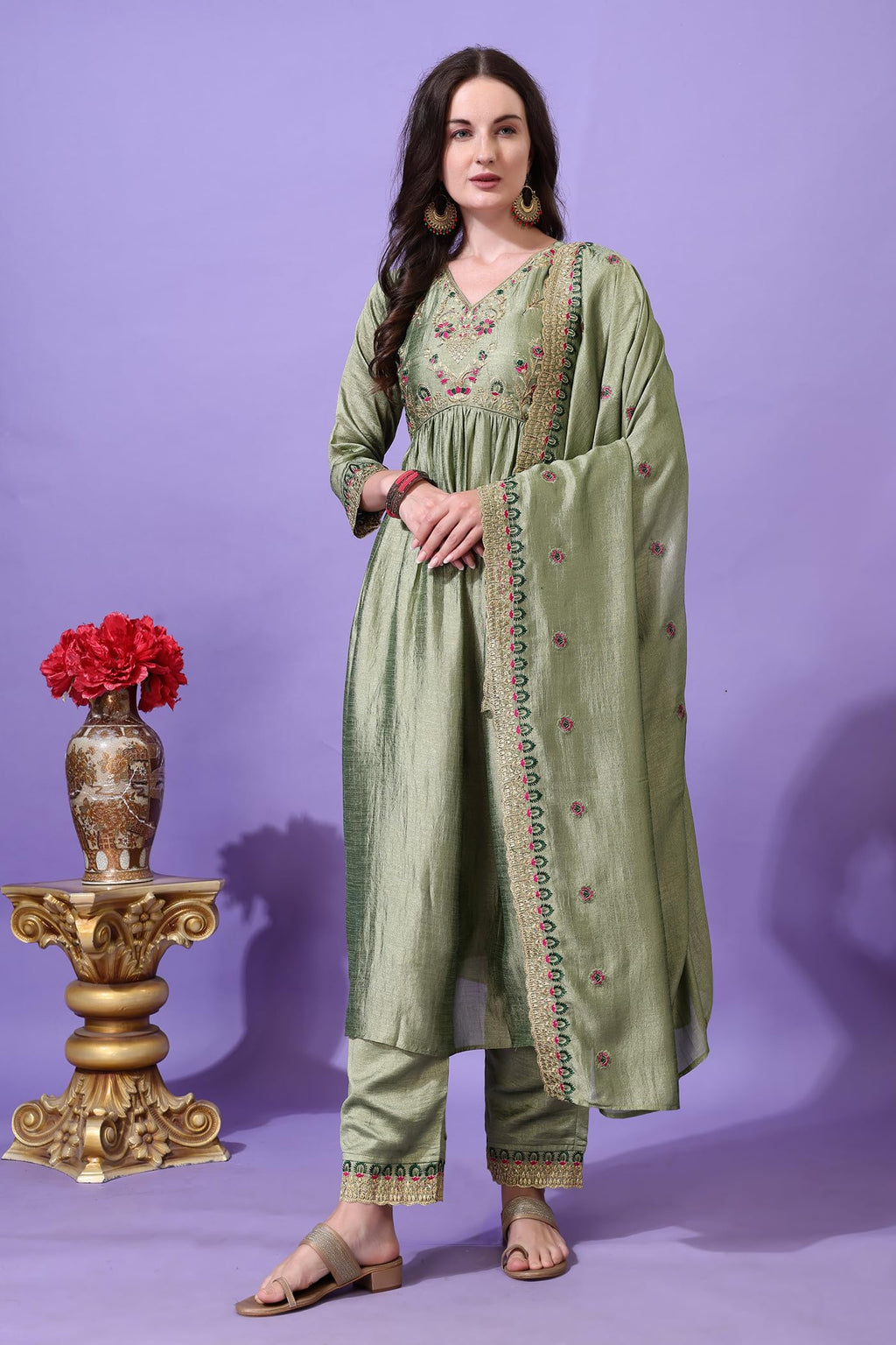Pratham Blue WomenS Silk Embroidered Anarkali Kurta Palazzos With Dupatta |Kurta Set For Women |Women Kurta |Women Embroidered