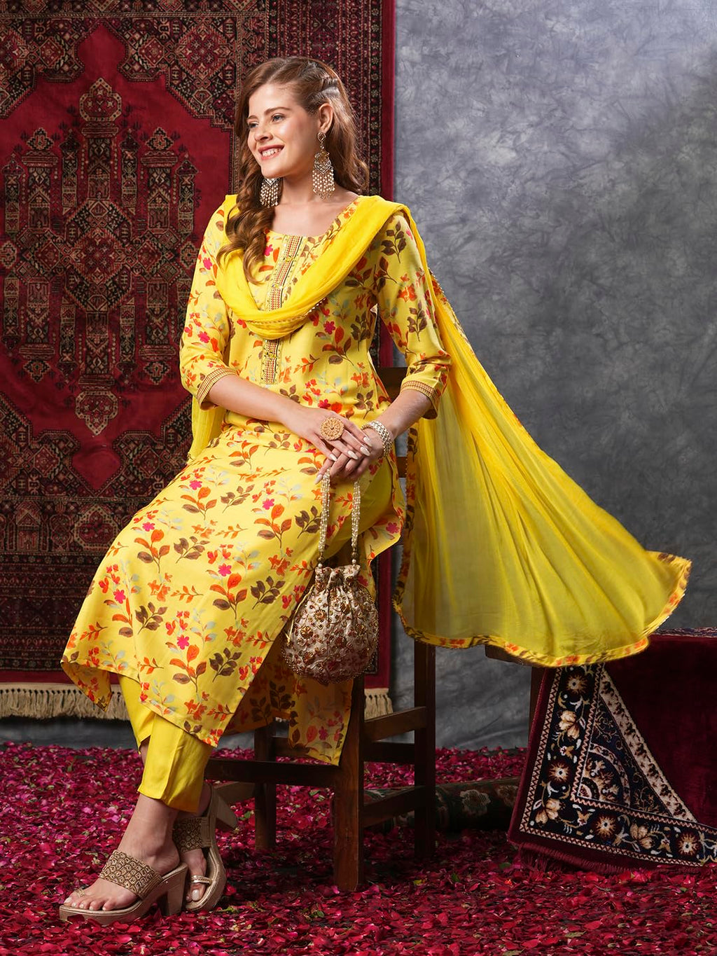 ANNI DESIGNER Ladies Cotton Blend Dupatta Kurta Trousers, yellow, XXL