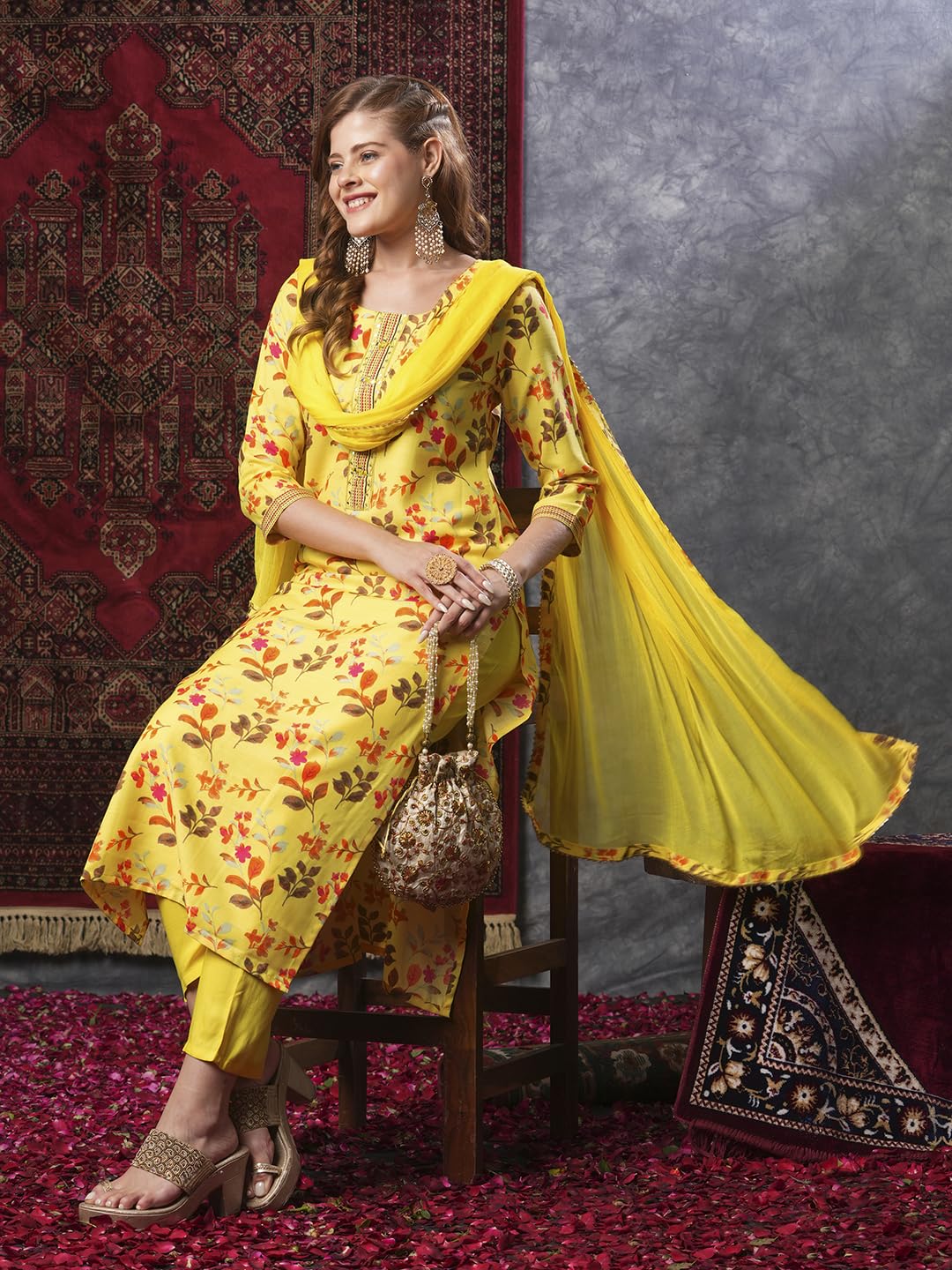 ANNI DESIGNER Ladies Cotton Blend Dupatta Kurta Trousers, yellow, XXL
