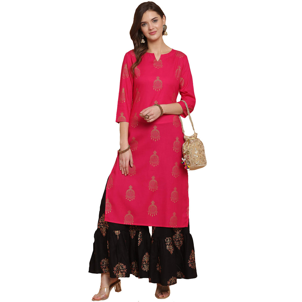 ANNI DESIGNER Women's Rayon Straight Printed Kurta with Sharara (Pink,XL)