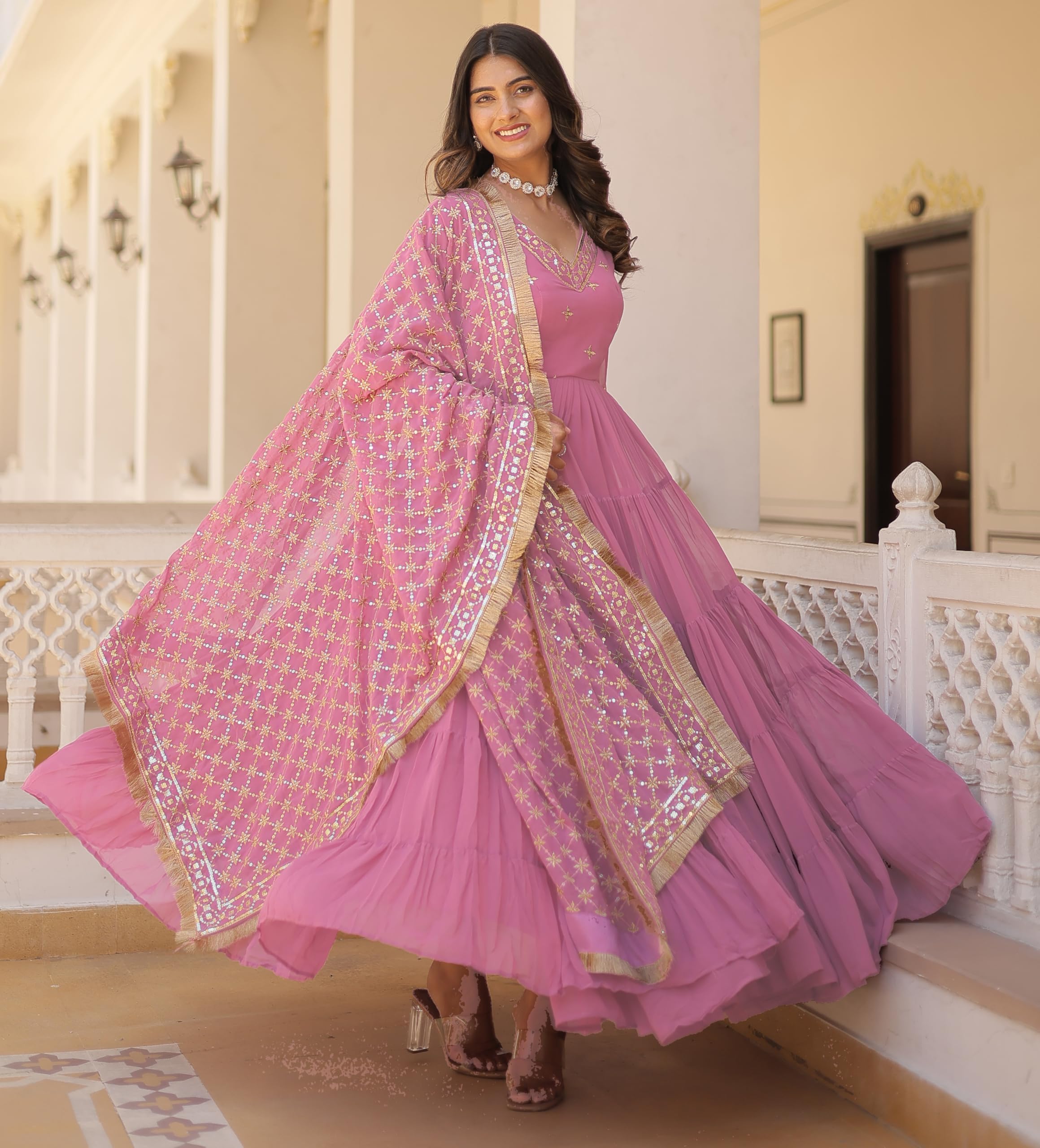 Fashion Basket WomenS Georgette Anarkali Dress Pink