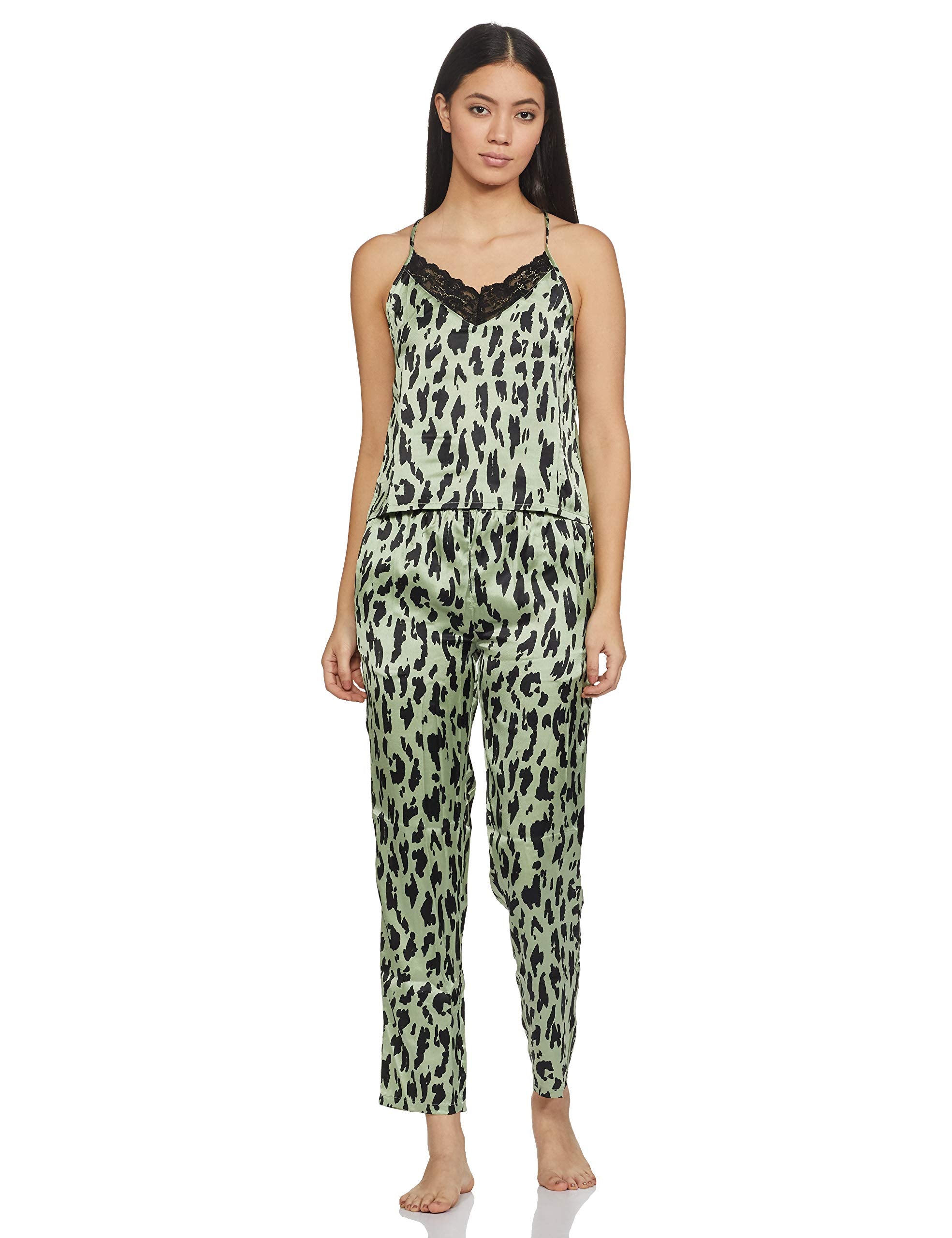 Clovia Womens Satin Animal Print Nightwear Pajama Set Pack of 2 (Ns1314R11M_Green), Medium
