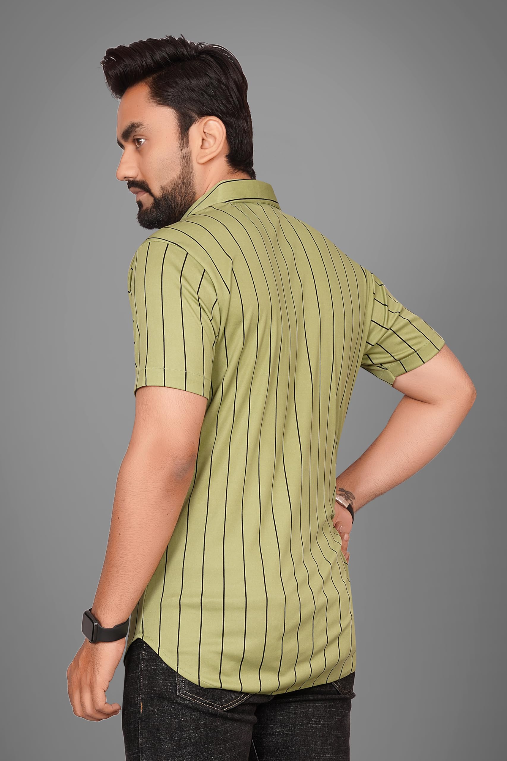 Besix MenS Green Lycra Blend Striped Regular Fit Casual Shirt For Man - Short Sleeve, Spread Collar For Formal Stylish Wear As