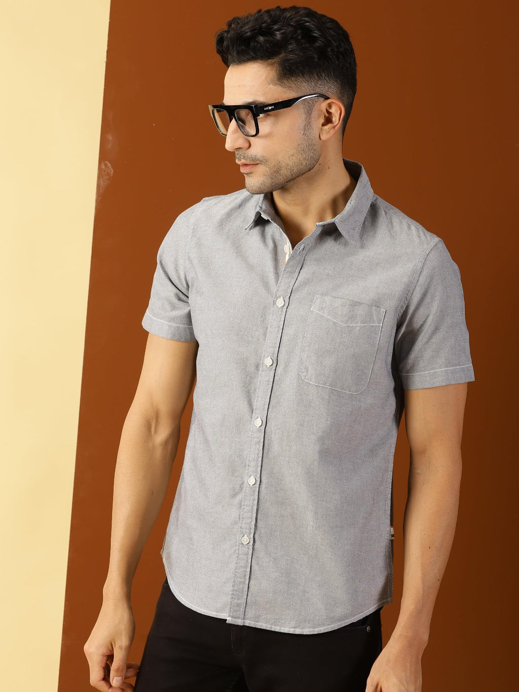 Thomas Scott Spread Collar Slim Fit Solid 100% Cotton Half Sleeve Shirt for Mens Black