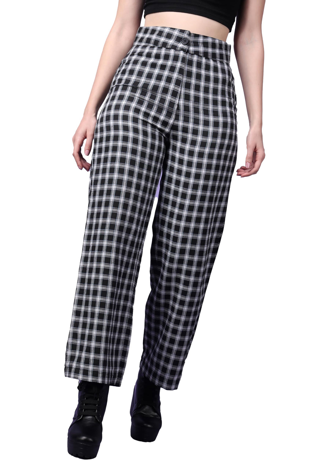 POPWINGS Casual Check Print Button and Zip Closure Trouser for Women | Western Wide-Leg Trouser for Women | Summer Trousers for 