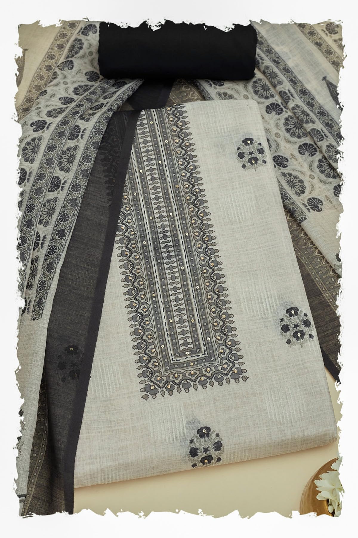 Soch Women Linen Ethnic Motif Unstitch Dress Material with Sequins