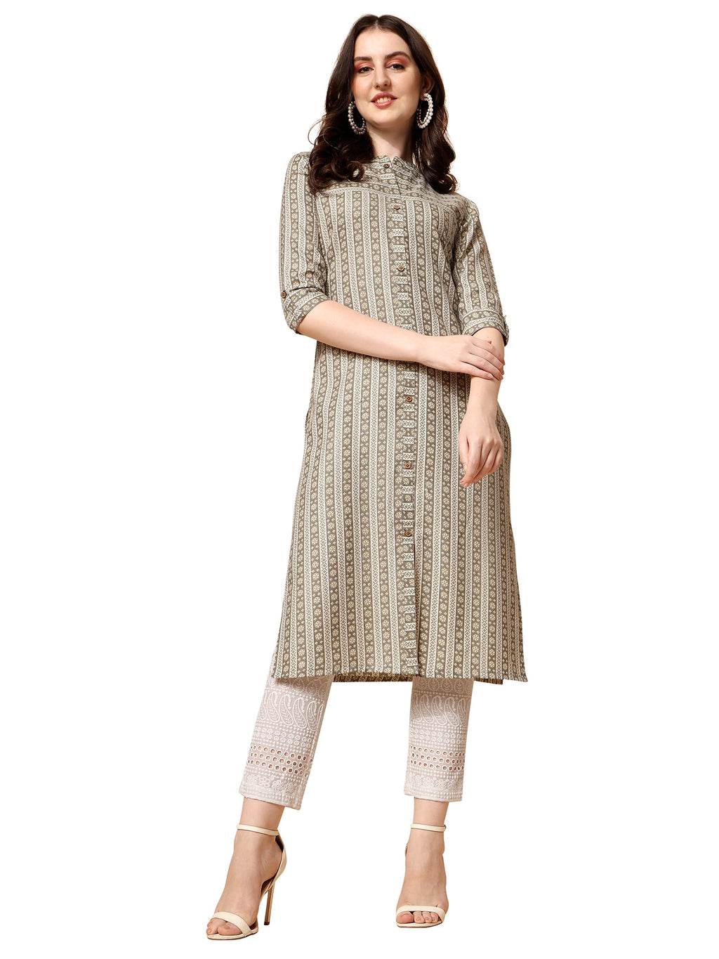 NAINVISH Womens Cotton Blend Straight Mandarin/Chinese Neck Printed Kurta (SD419_K-S_Yellow)