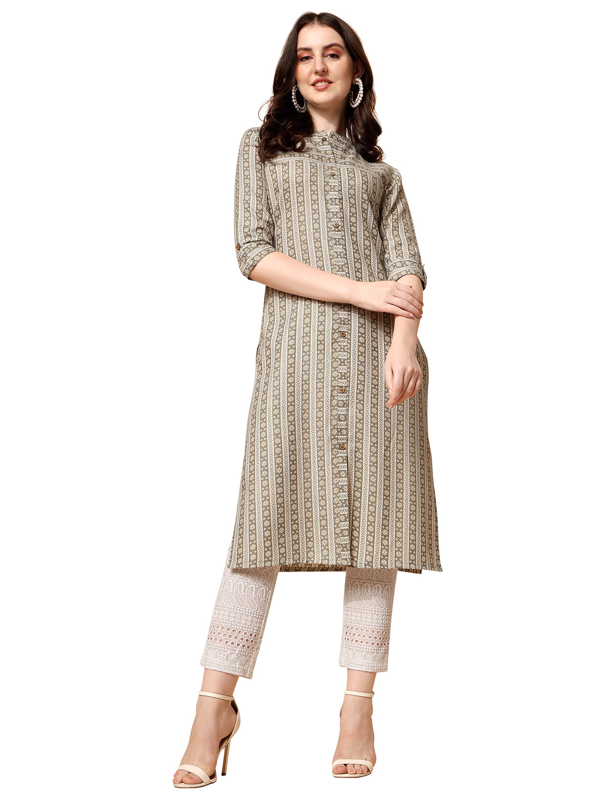NAINVISH Womens Cotton Blend Straight Mandarin/Chinese Neck Printed Kurta (SD419_K-S_Yellow)