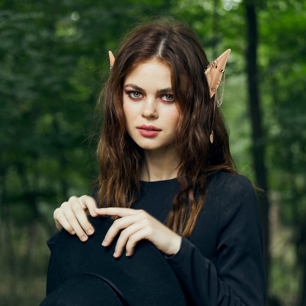 FRESHME Elf Ears with Piercings Earring Cuffs Set, Soft Fairy Elf Ears with Non-Piercing Gold Earrings Tassel Chain Cartilage Cl