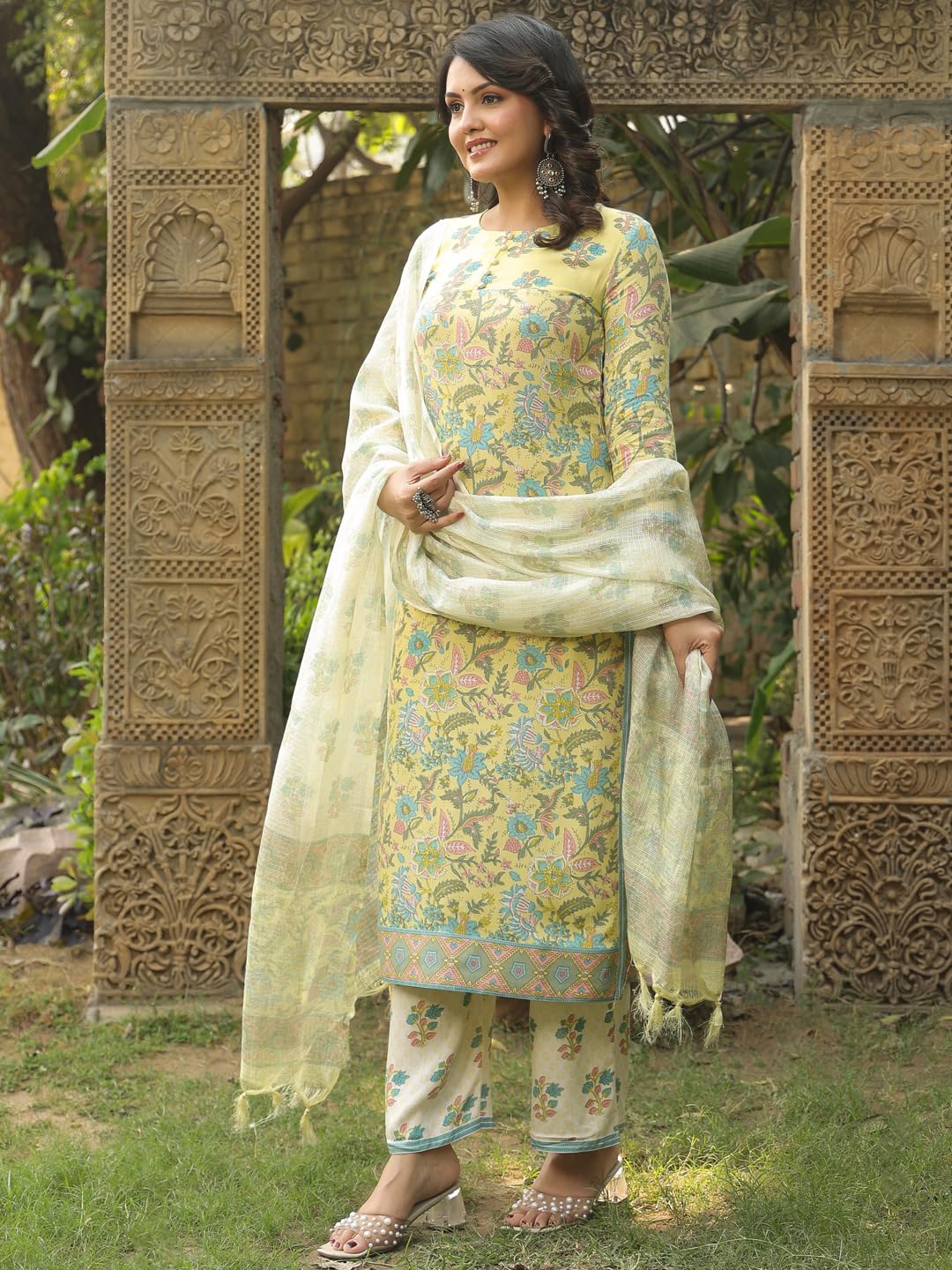 ANNI DESIGNER Ladies Rayon Blend Straight Print Kurta with Trousers and Dupatta, green, XL