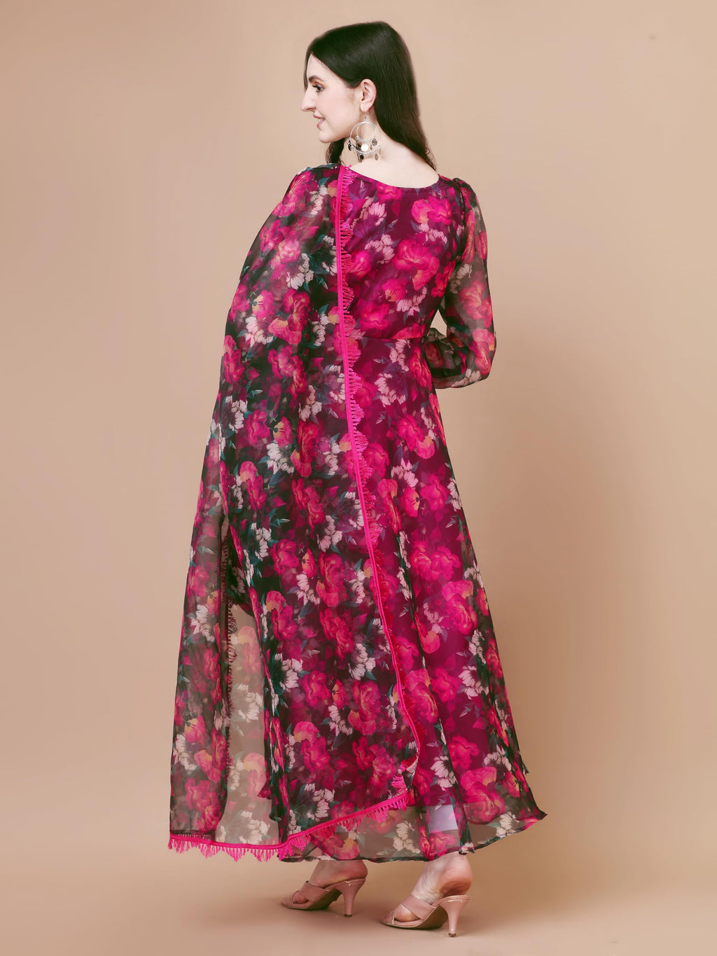 Women Floral Print Anarkali Kurta With Pant And Dupatta (Krt547) (Medium, Pink)