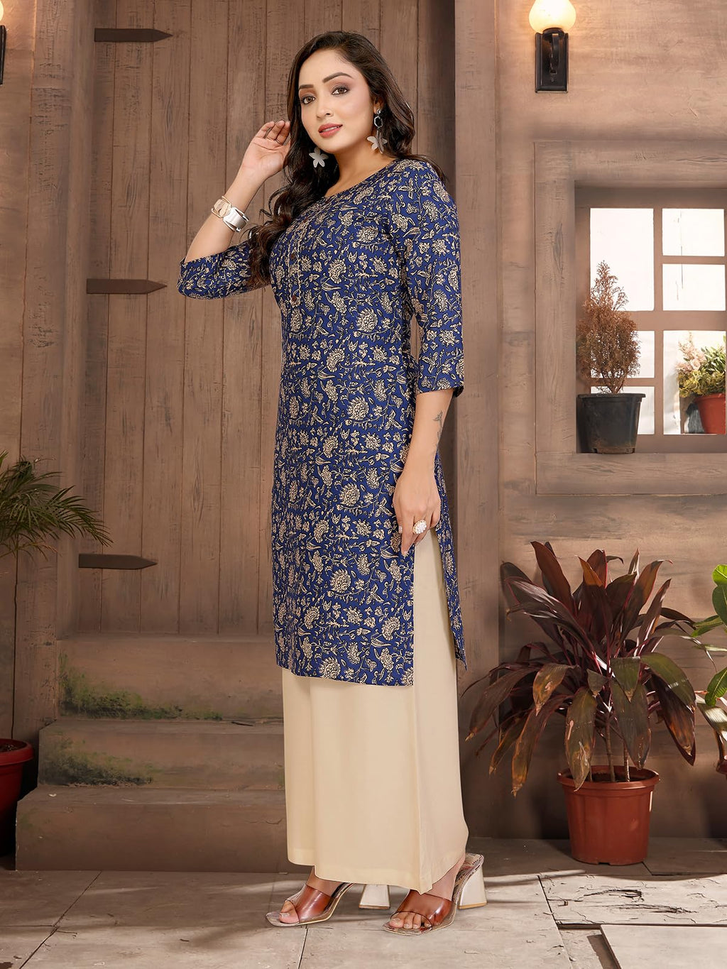 Rangita Blue Rayon Straight Printed Knee Length Kurti | Kurta For Women_L