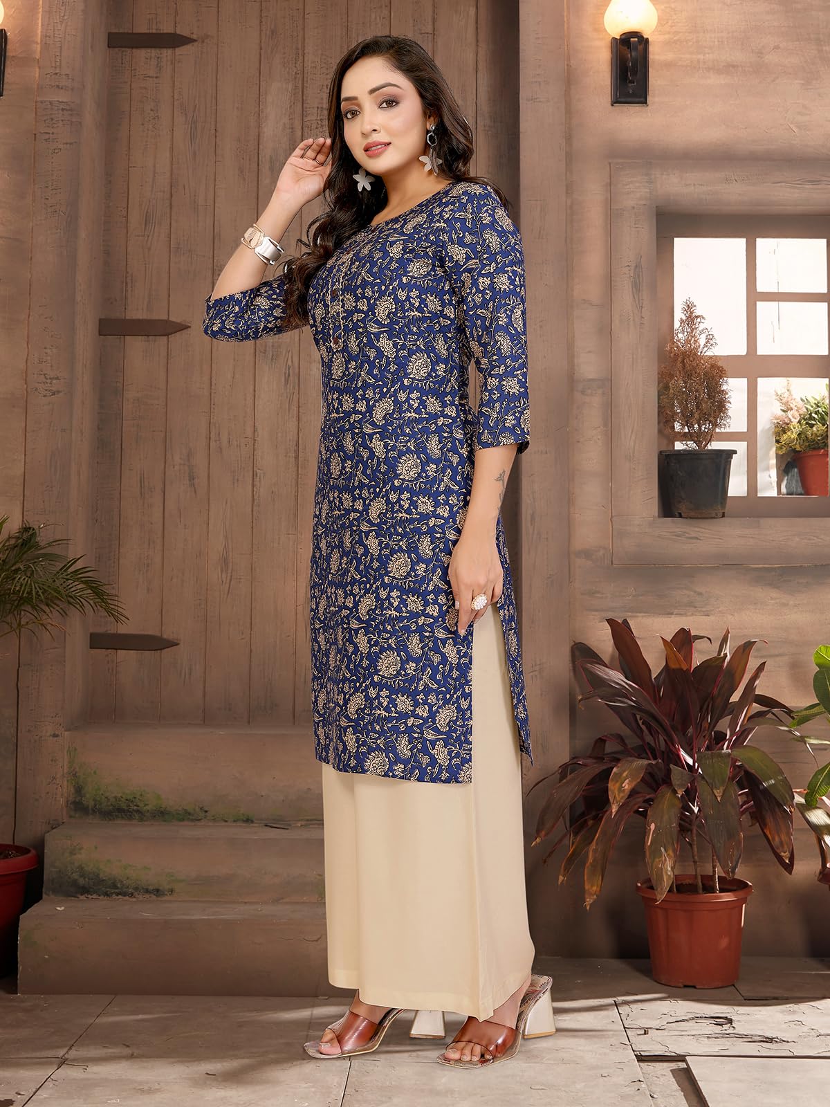 Rangita Blue Rayon Straight Printed Knee Length Kurti | Kurta For Women_L