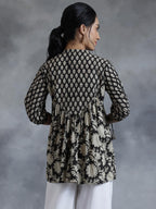 Libas Black Printed Cotton A-Line Kurti