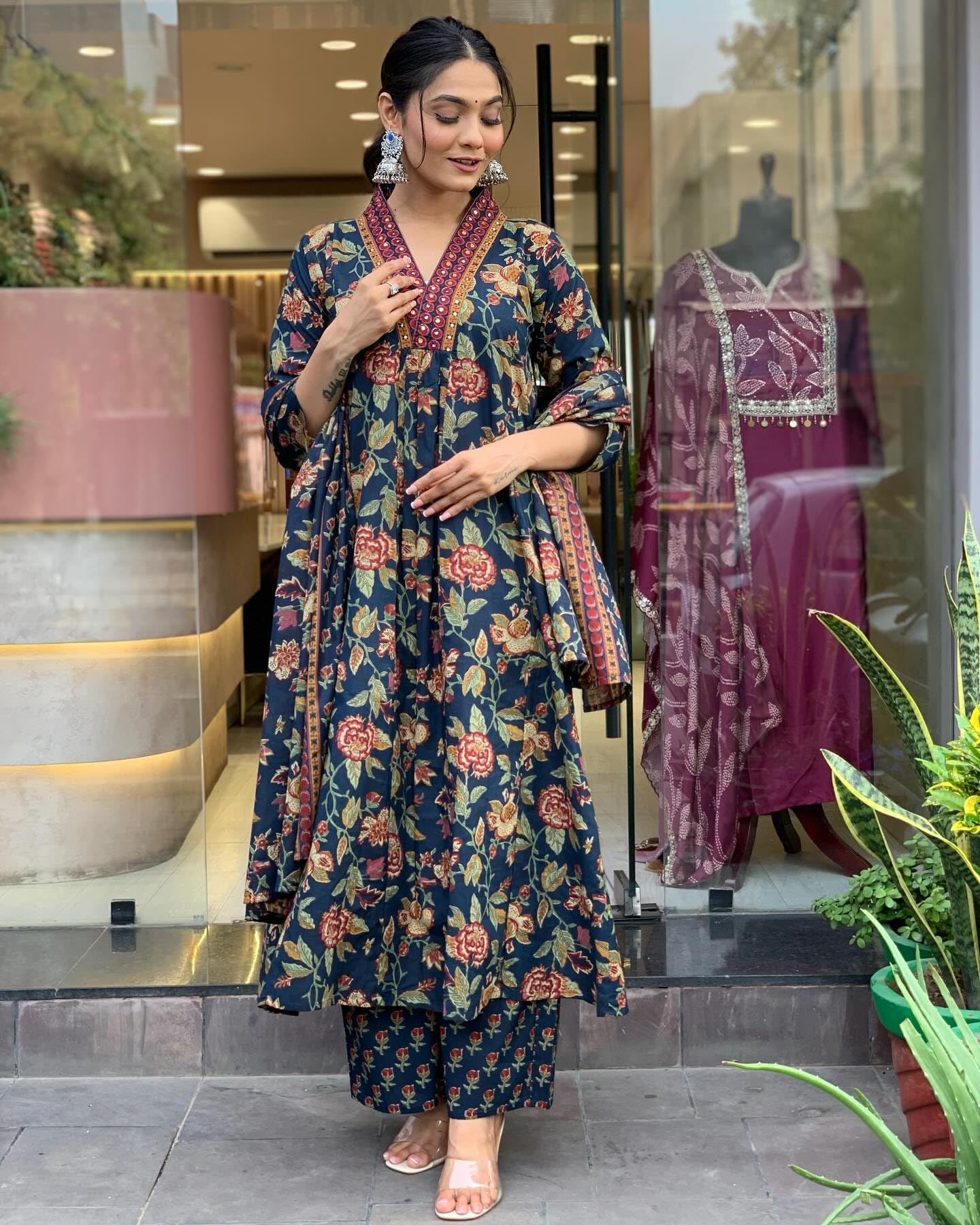 ANNI DESIGNER Women s Palazzo and Dupatta Rayon Blend Printed Kurta, Blue, 50