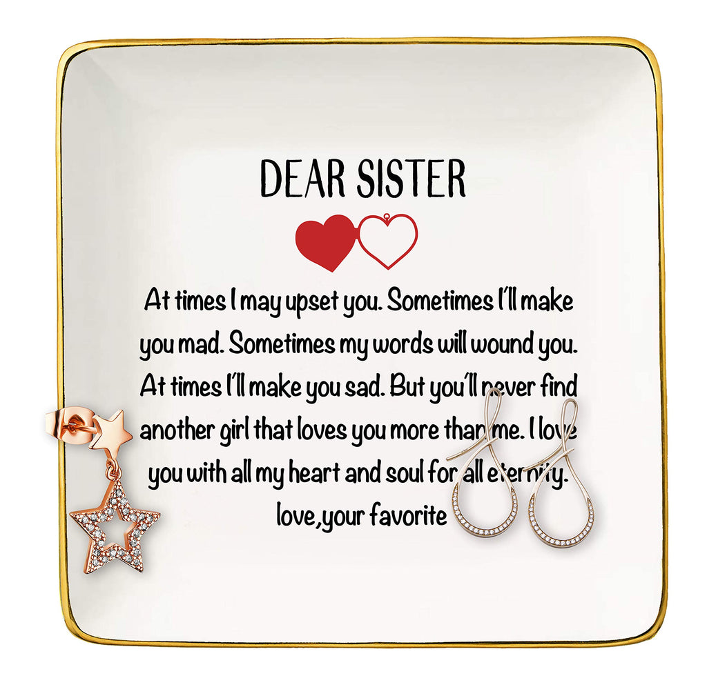 Topthink Dear Sister - Ceramic Jewelry Holder Ring Dish Trinket Tray - Christmas Birthday Graduation Gifts for Sister, Soul Sist