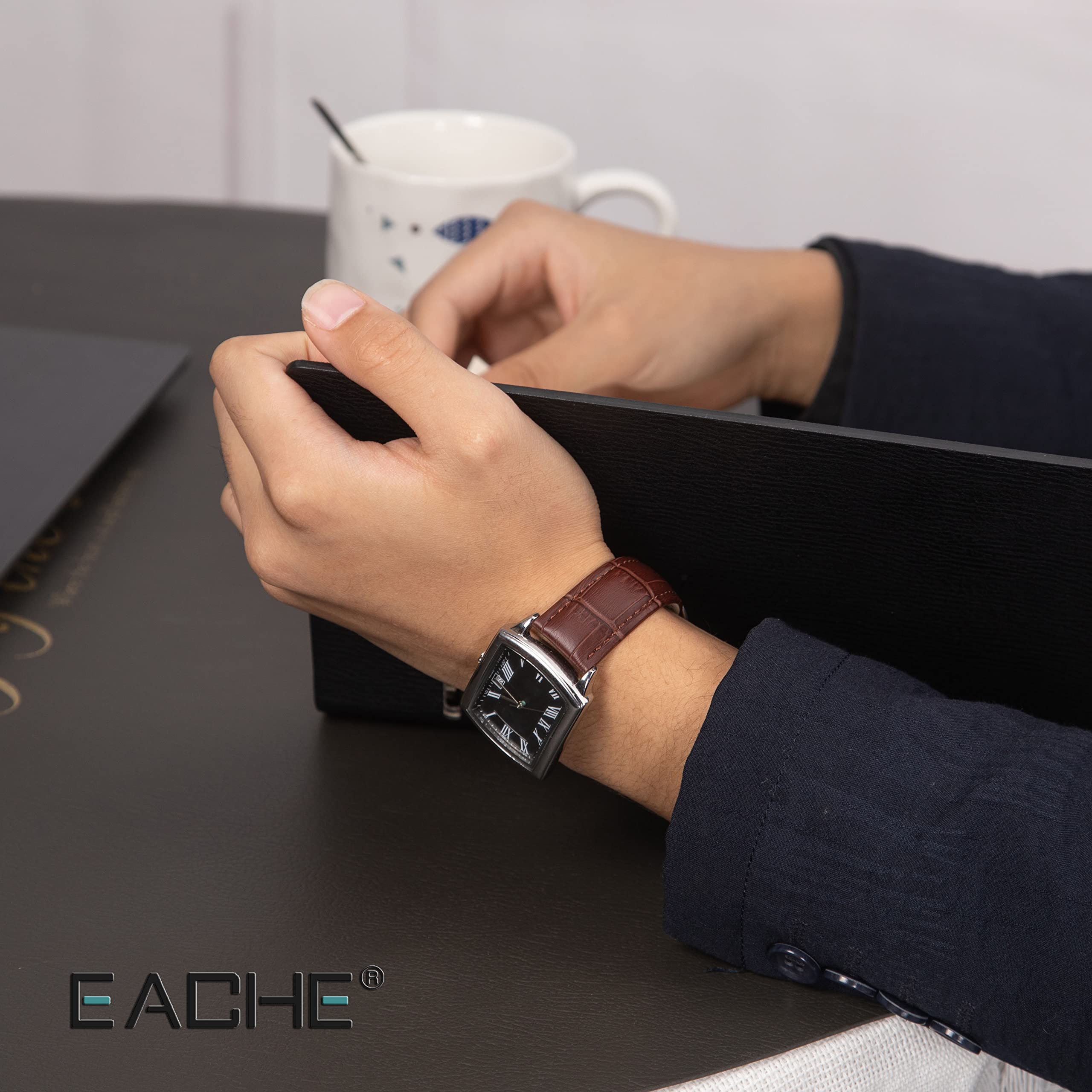 EACHE Leather Watch Band 19mm, Classical Croco Design 19mm Watch Strap for Men,Silver Buckle Dark Brown