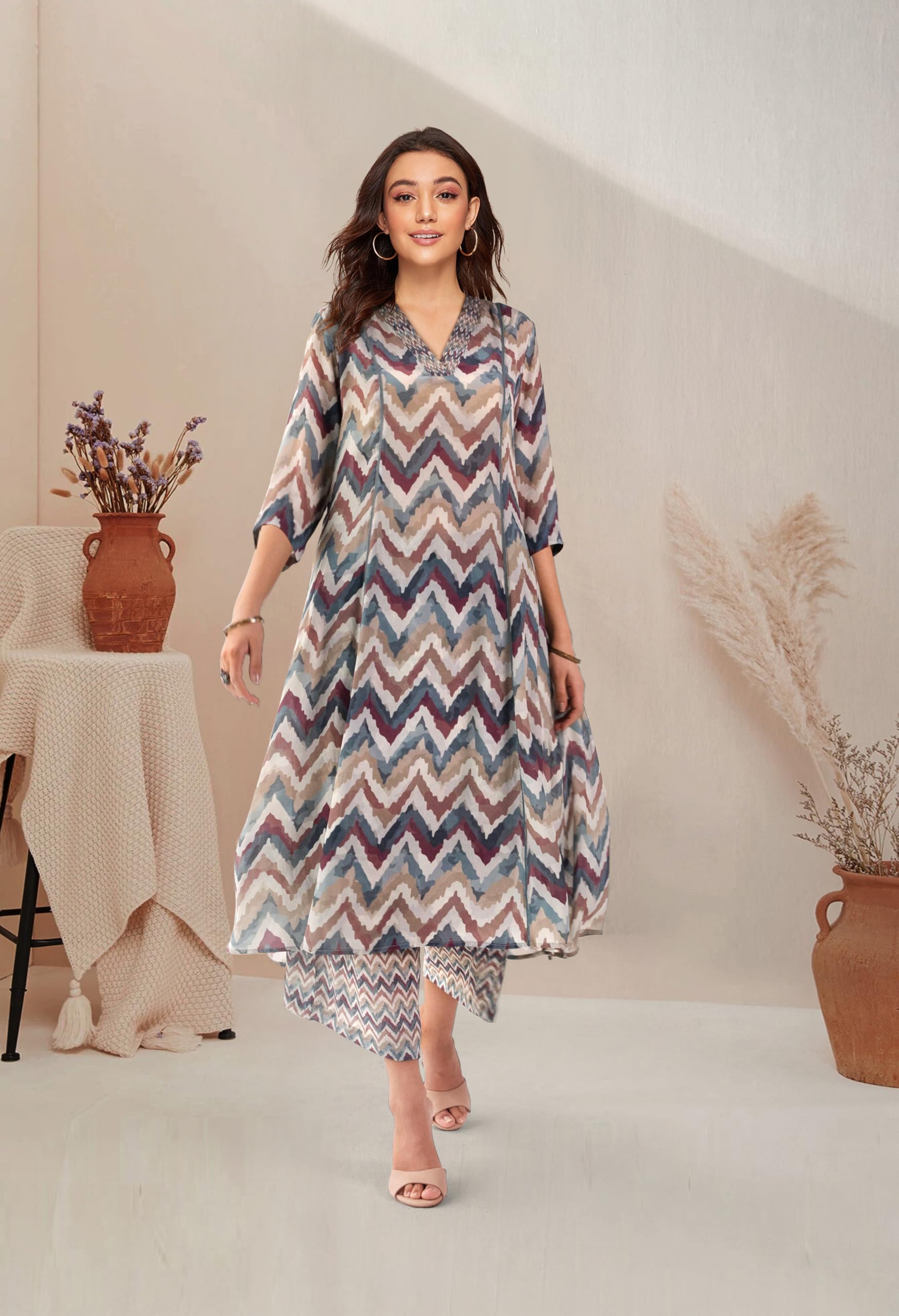 Toochki Kurta Sets For Women | Cotton Rayon | A Line Two Piece Kurtis | Anarkali | Multicolor Kurti Set | Chevron Printed Kurtas