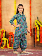 Aarika Girls Ethnic Wear Sea Green Colour Abstract Printed Cotton Kurti Patiala Set With Belt (4-10 Years)