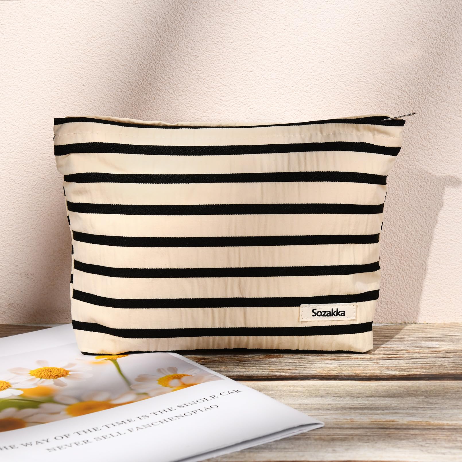 SOIDRAM 2 Pieces Makeup Bag Large Stripe Cosmetic Bag Capacity Canvas Travel Toiletry Bag Organizer Cute Makeup Brushes Aestheti