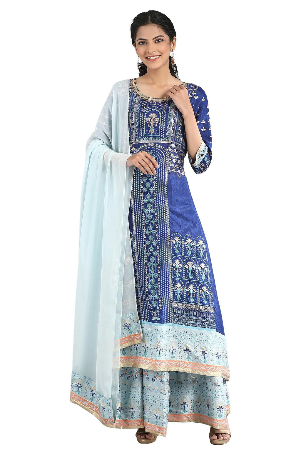 Aurelia Women'S Rayon Floral Blue Kurta-Skirt-Drape Set (21Fed10260-502479 S)