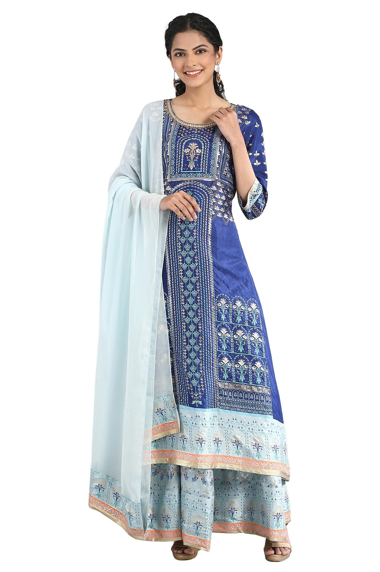 Aurelia Women'S Rayon Floral Blue Kurta-Skirt-Drape Set (21Fed10260-502479 S)