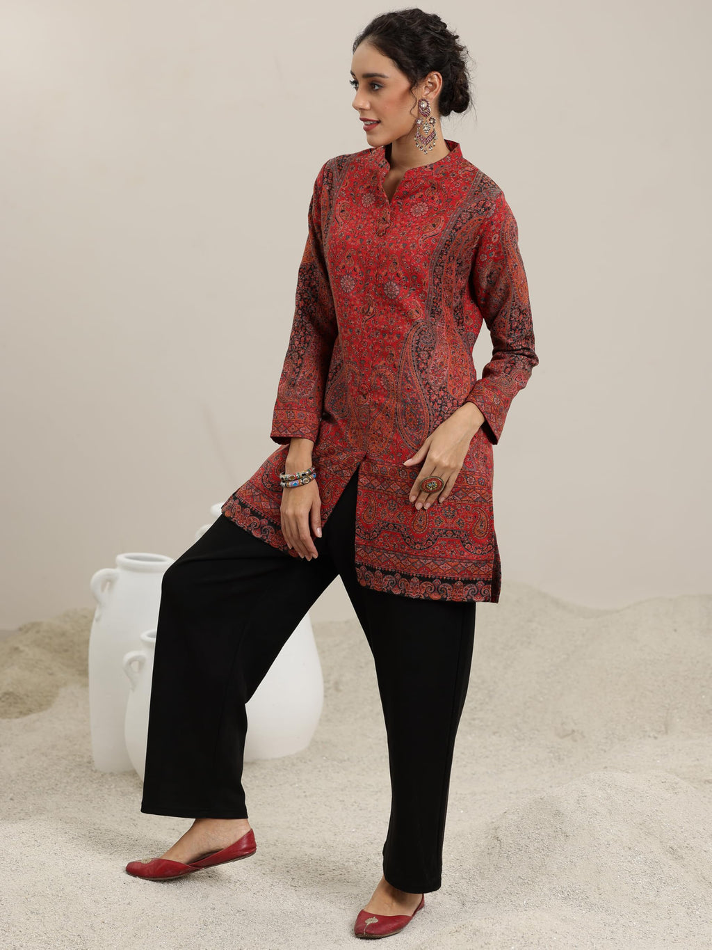 Libas Womens Woven Design Wool Straight Kurta With Palazzos