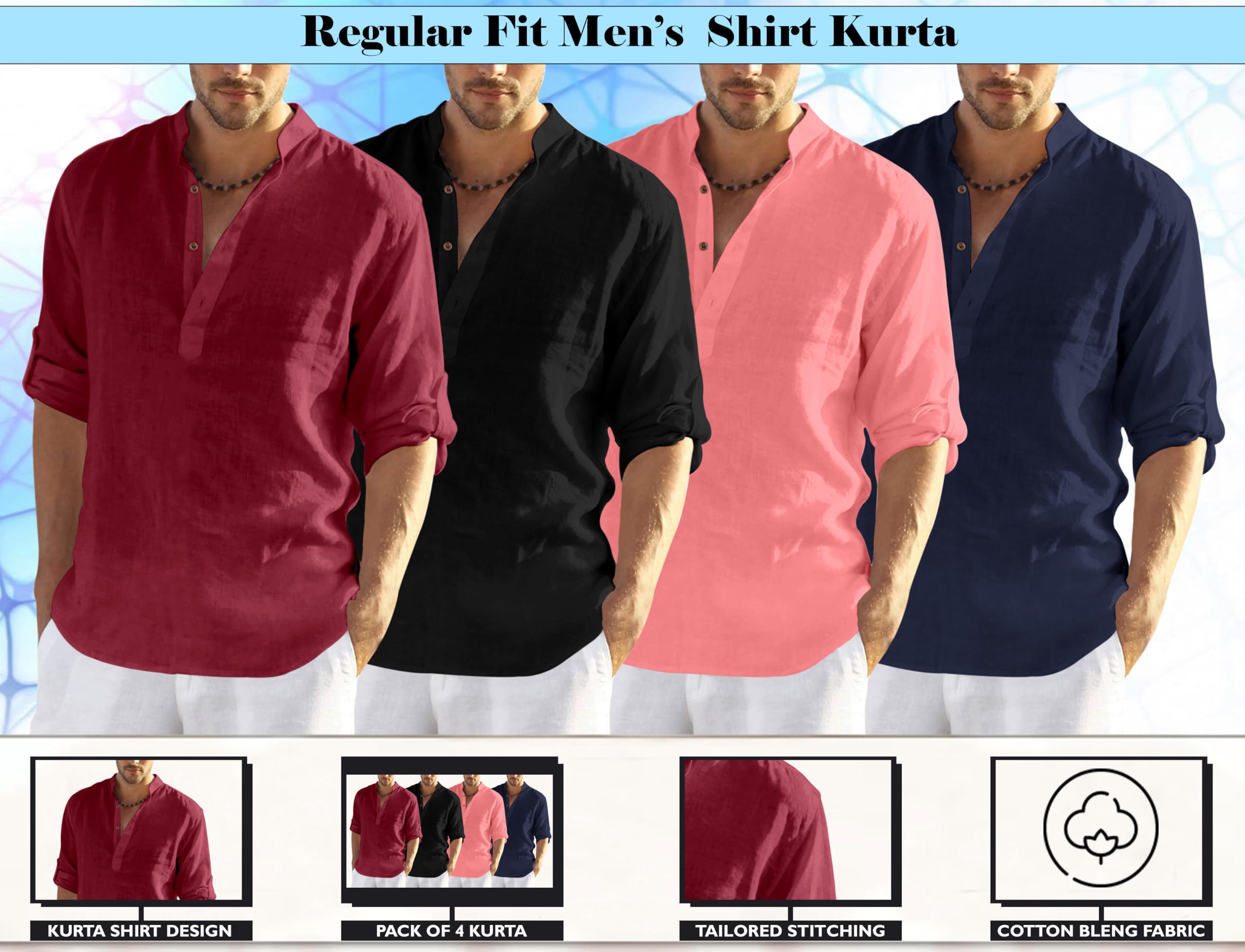 Zombom MenS Cotton Blend Solid Full Sleeve Kurta Shirt, Multicolor, Xxl, Combo Set Of 4