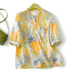 Gufrina WomenS Mustard Yellow Abstract Printed Western Top With Mandarin Collar, Half Button Placket And Relaxed Sleeves(Mustar