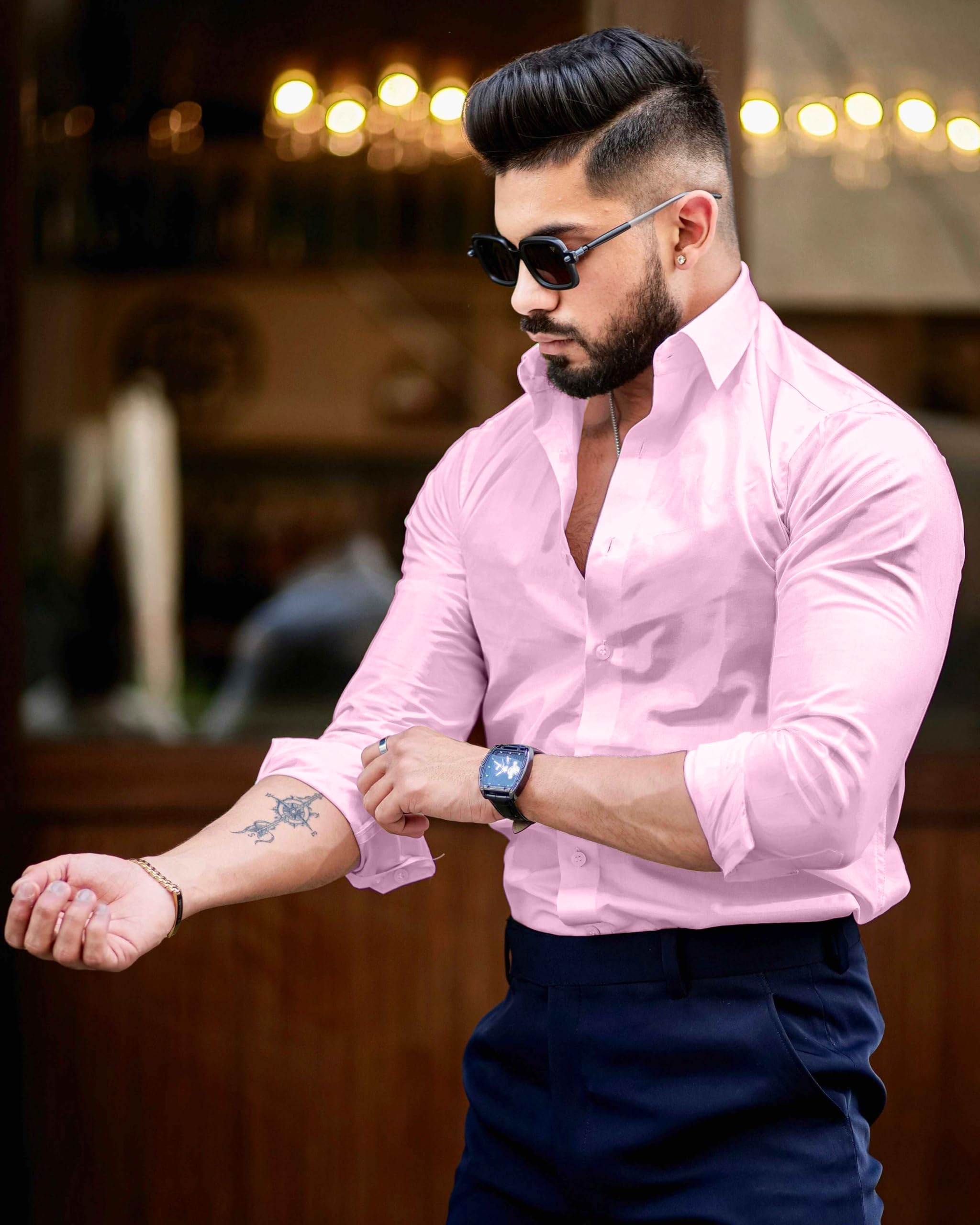 Indoprimo MenS Casual Solid Satin Shirt For Men Full Sleeves Baby Pink