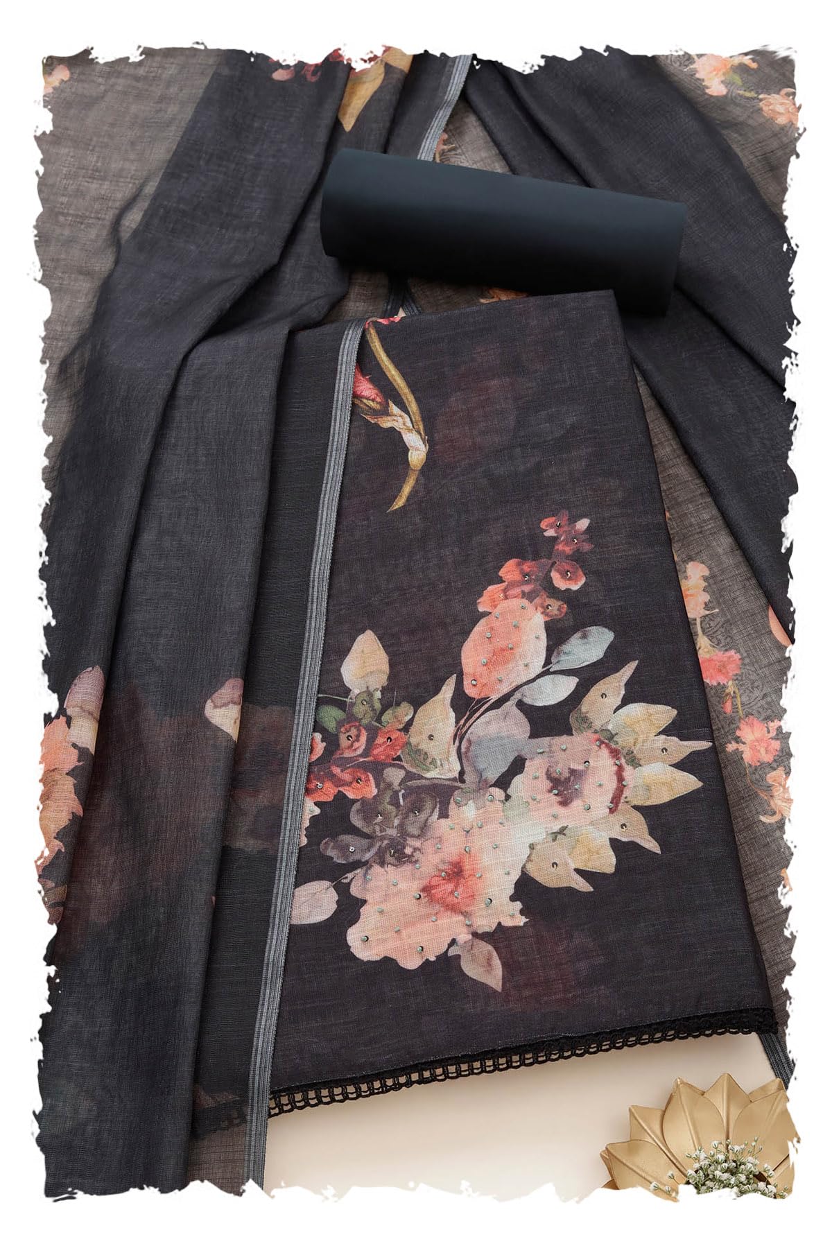 Soch Women Linen Foil Print Unstitch Dress Material with Thread Work