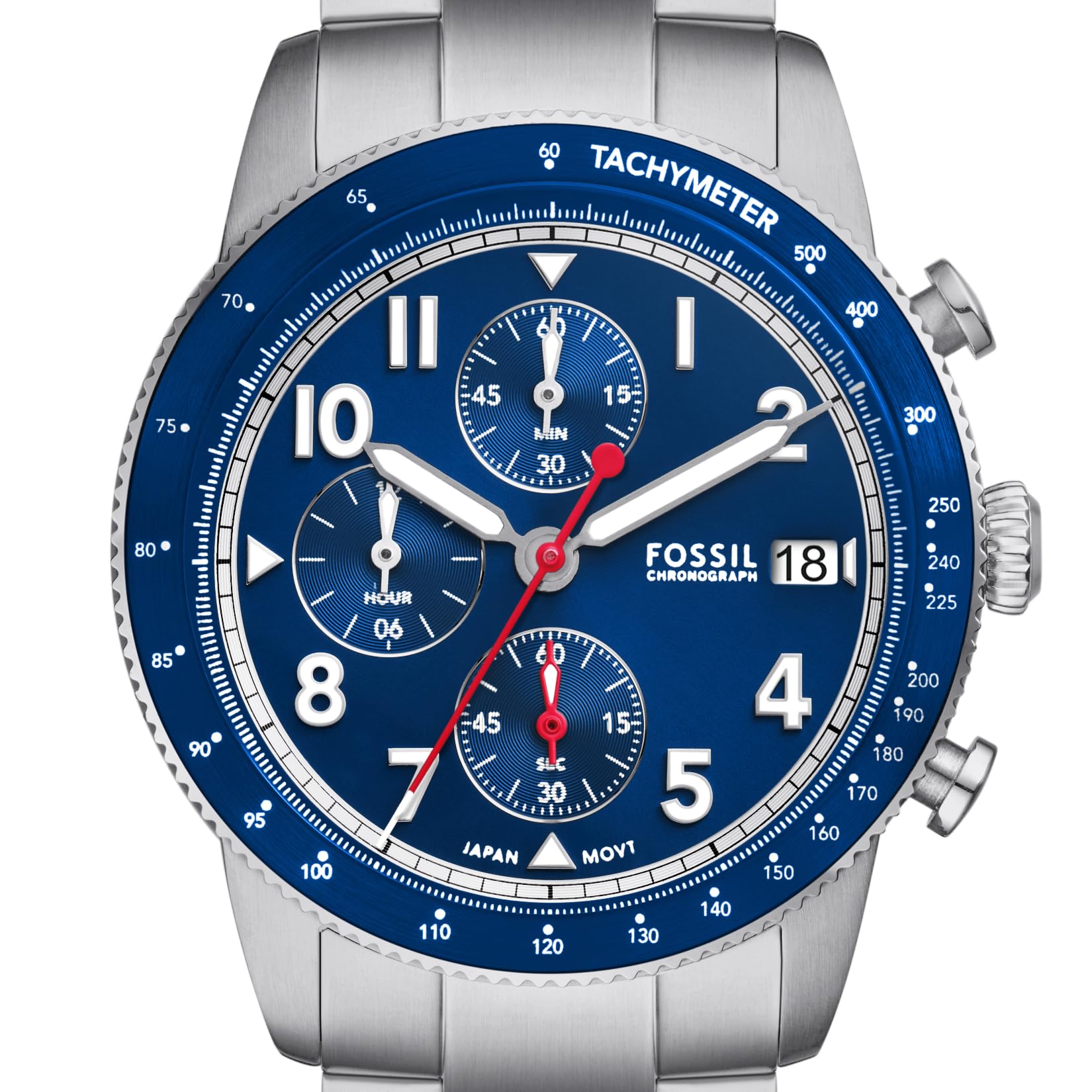 Fossil Men's Sport Tourer Quartz Stainless Steel Chronograph Watch, Color: Silver/Blue (Model: FS6047)