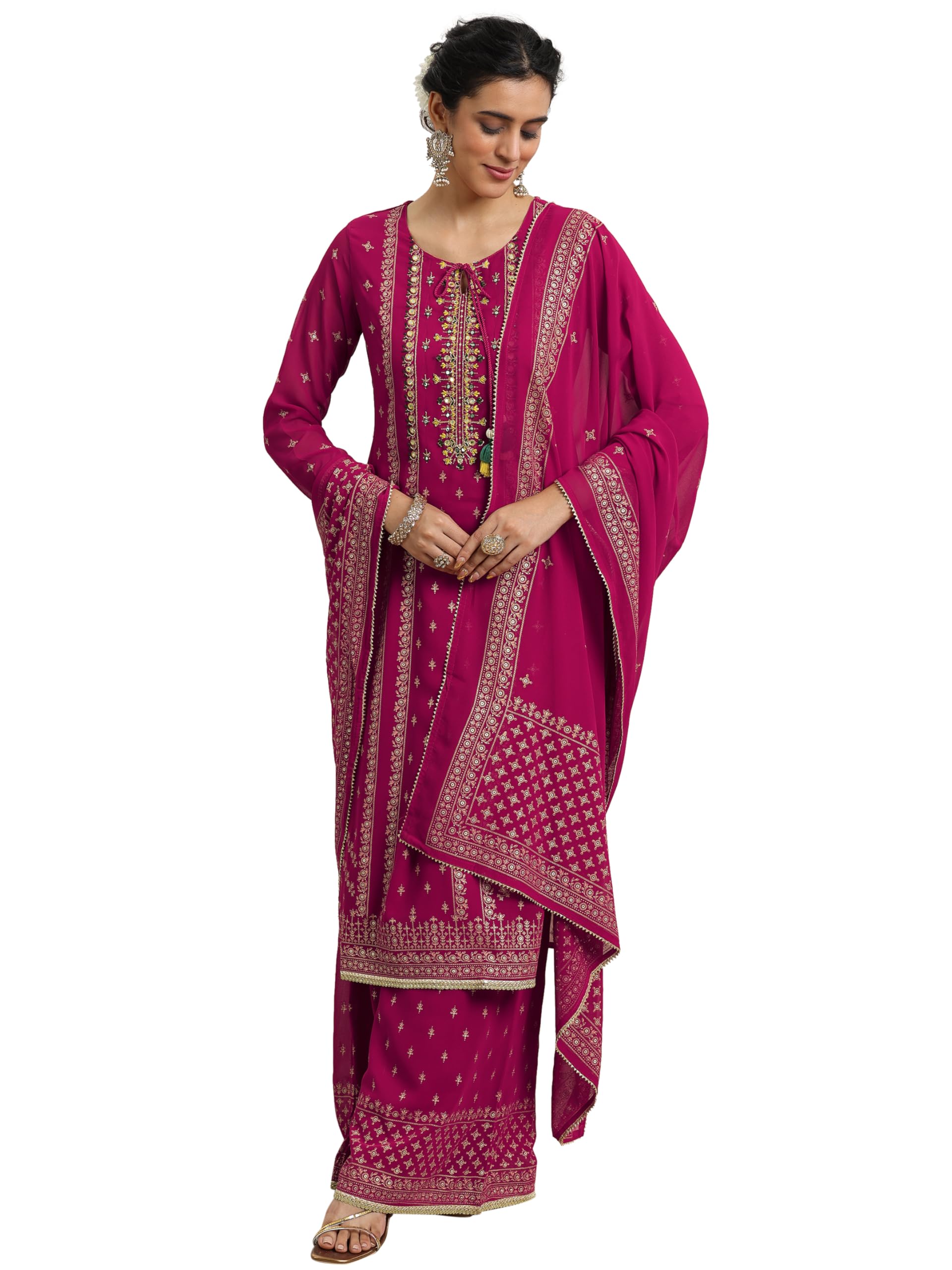 Libas Pink floral straight kurta with lining & wide leg palazzos with dupatta