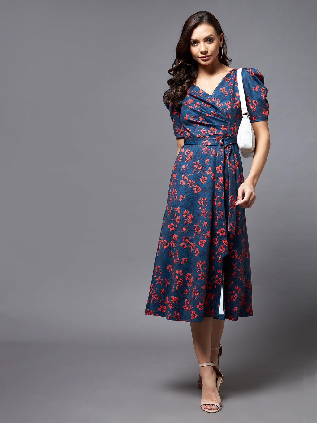 Miss Chase Womens Teal V-Neck Puff Sleeve Floral Wrap Midi Dress