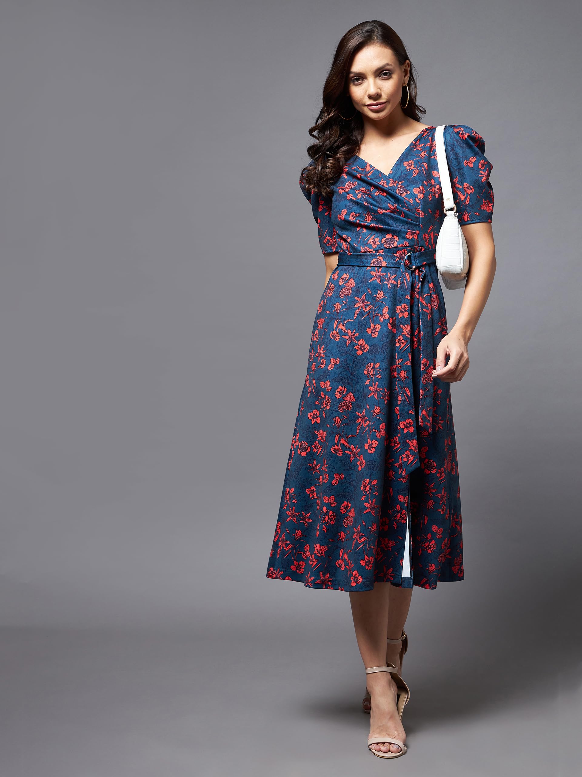 Miss Chase Womens Teal V-Neck Puff Sleeve Floral Wrap Midi Dress